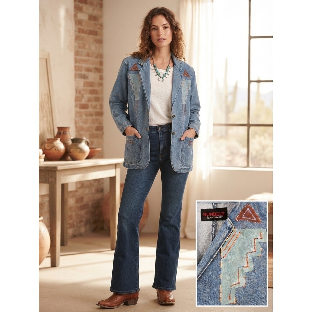 Sunbelt Sportswear Vintage Denim Southwestern Blazer Jacket Blue Embroidered Xl